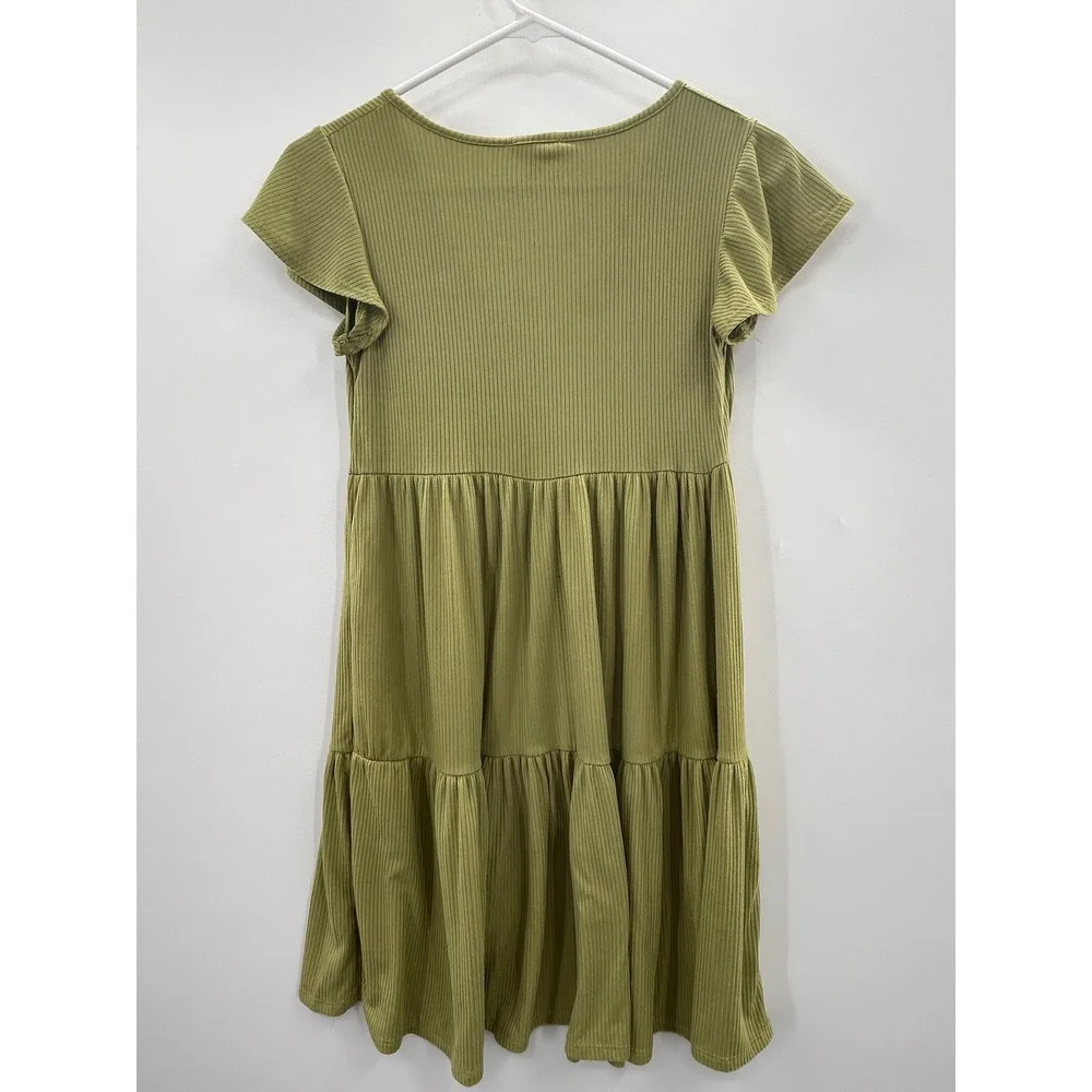 See You Monday Olive‎ Green Ribbed Babydoll Mini Dress Small Boho Cottagecore